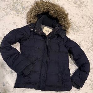 Abercrombie & Fitch Y2K Down Feather Fur Hooded Puffer Jacket Blue Size Medium